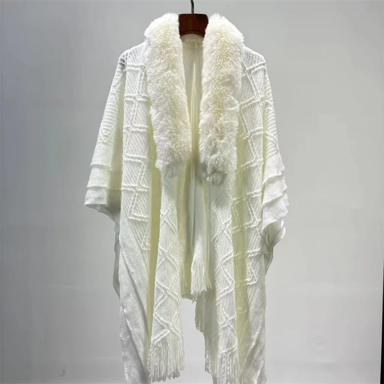 Women Knitted Capes Coats White Ponchos Jackets Tassel Big Fur V Neck Open Stitch Slight Strech Loose Casual 2025 Autumn Winter