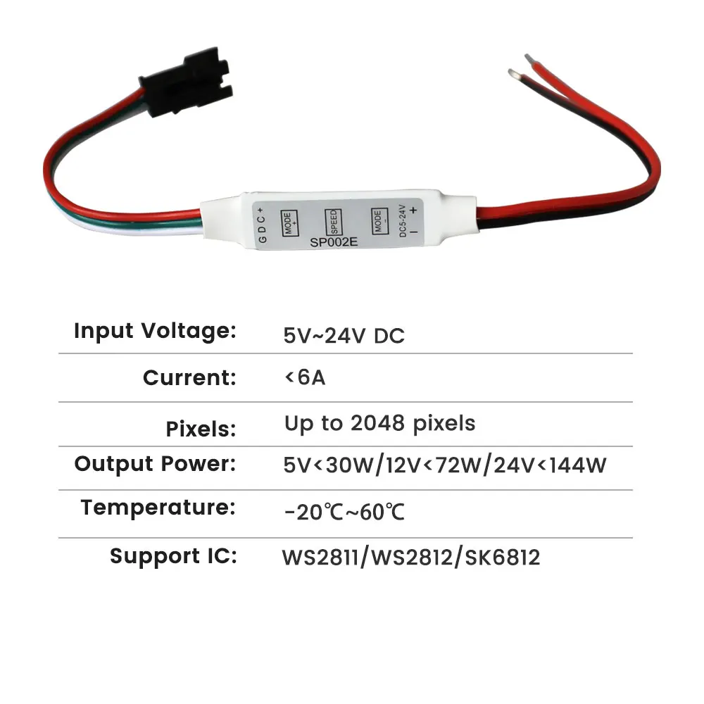 SP002E Mini 3Key LED Controller DC5-24V For RGBIC WS2812B WS2811 UCS1903 SK6812 Addressable Pixels LED Strip Lights 2048 Pixels