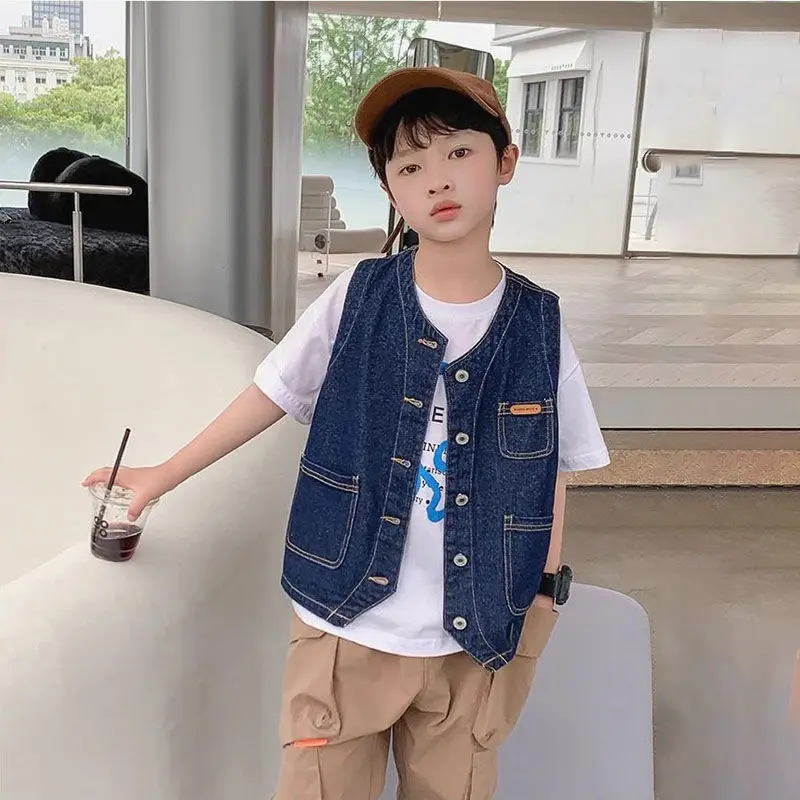 Lightweight Boys' Denim Vest Jacket Spring Autumn New Trendy Baby Boy's Casual Denim Vest Top Kids Fashionable Summer Wear