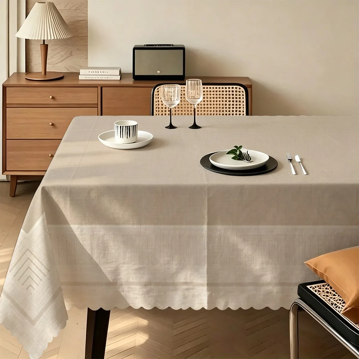 1pc khaki-themed white polka dot tablecloth, machine washable and easy to clean, suitable for the dining table