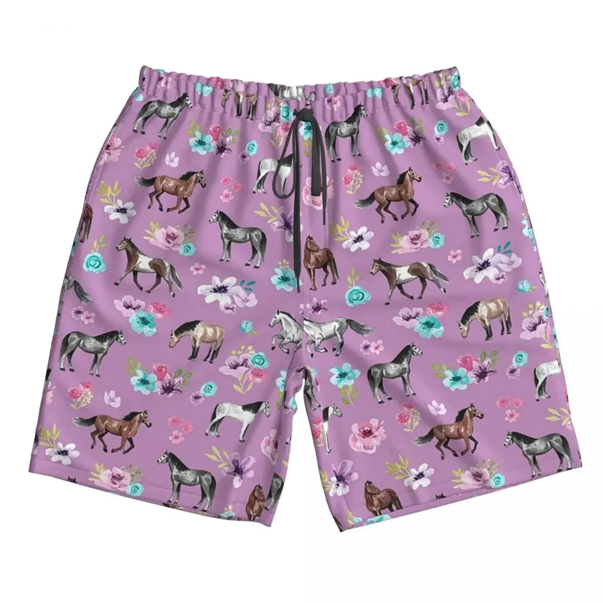Horses And Flowers Print, Horse Decor, Light Purple, Pony, Floral Trunks Beach Board Shorts Casual Quick Dry Summer Men Pants