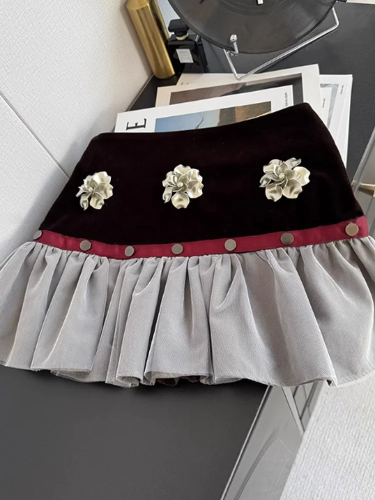 SALIENCY Velvet Patchwork Floral Pleated Mini Skirt Women  Autumn Winter