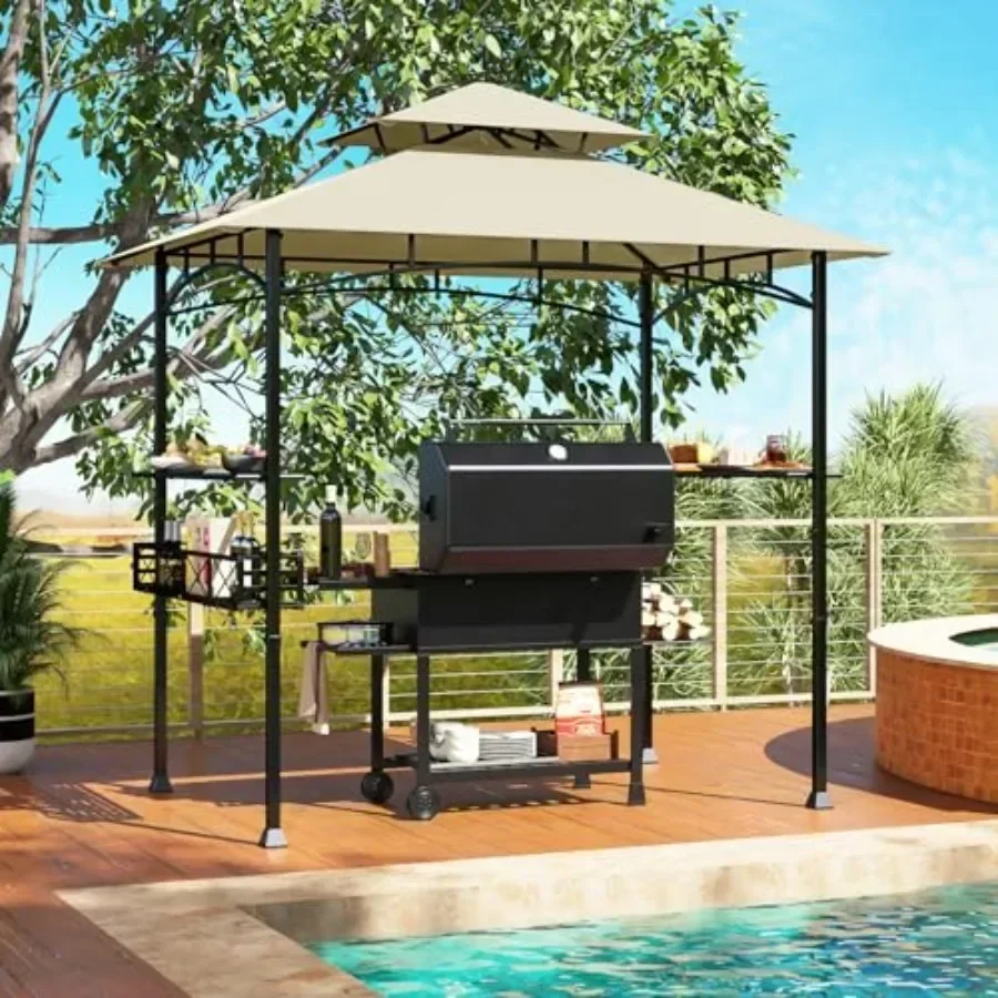 8x5 Feet Grill Gazebo 2-Tier Barbecue Gazebo with 2 Shelves 20 Hanging Hooks Bottle Opener Storage Basket Outdoor Grill  for Ba