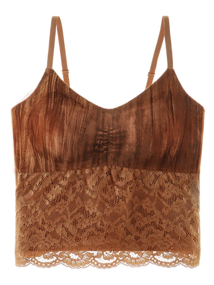 Samt-Spitze-Patchwork-Trägerweste für Damen, neu, 2025, Innenpolster, integriertes, schönes Bawear-Oberteil mit äußerer Brustwickel