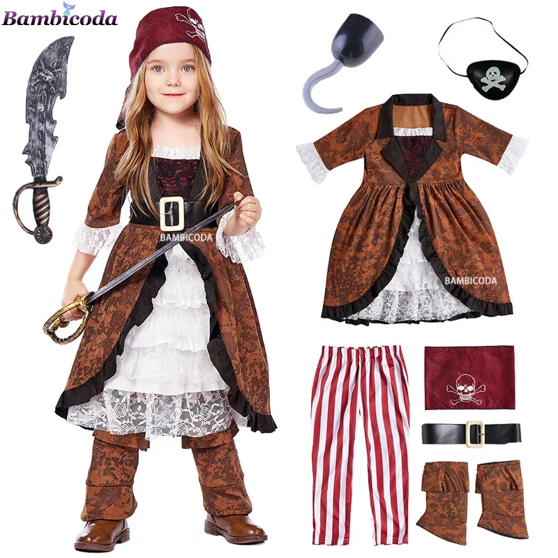 2024 Halloween Karneval Geschenk Piraten Kapitän Kostüme Mädchen Party Cosplay Medoeval Gothic Kostüm Kinder Kleidung Leistung