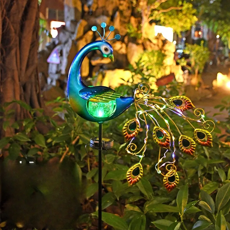 Waterproof Solar Stake Light Metal Peacock Cracked Glass Ball Lamp Outdoor Lawn Backyard Garden Decorative Atmosphere Lighting