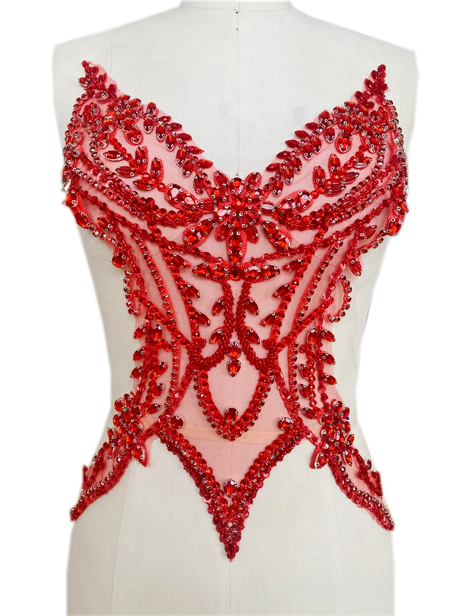 Handmade sew on Rhinestones applique golden crystal trim patches with stones sequins beads for dress