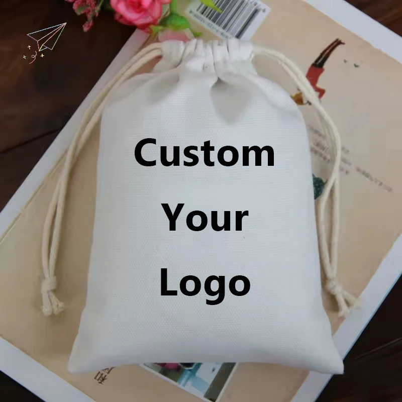 

10 Pcs/Lot Wholesale Customize Logo Printing Cotton Storage Bags Gift Package Custom Text Personalize Plain Drawstring Pouches