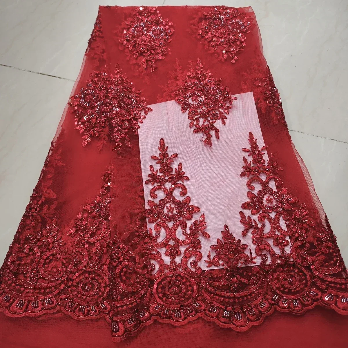 Luxury Handmade Beads Red French Tulle Lace Fabric Sequins Embroidery African Nigerian Lace Fabric For Evening Dress KWH23108