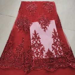 Luxury Handmade Beads Red French Tulle Lace Fabric Sequins Embroidery African Nigerian Lace Fabric For Evening Dress KWH23108