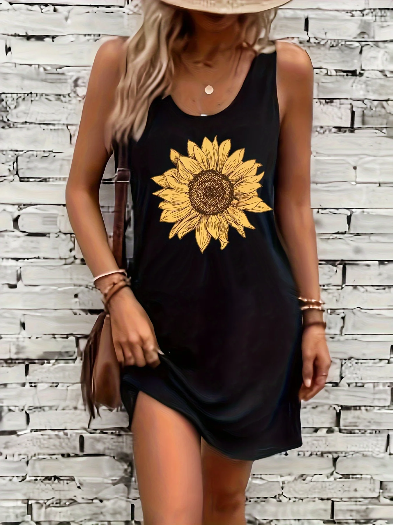 Women's Summer Loose and Comfortable Casual Yellow Geometric Sunflower Print Black Sleeveless Vest Skirt Punk Style Dress