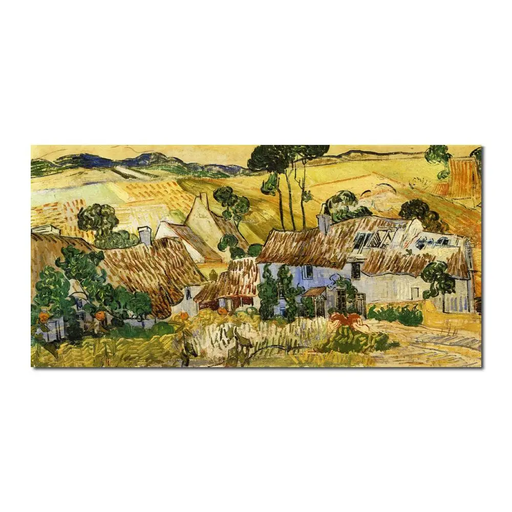 

Canvas Art Thatched Houses Against a Hill Vincent Van Gogh Paintings Village Landscape Hand-painted Artwork Living Room Decor