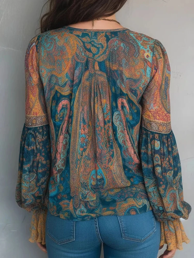 Ethnic Women Vintage Bohemian Tops Ruffled Long Sleeve V-Neck Casual Blouse Shirts Fashion Paisley Printed Boho Beach T-Shirts view 4