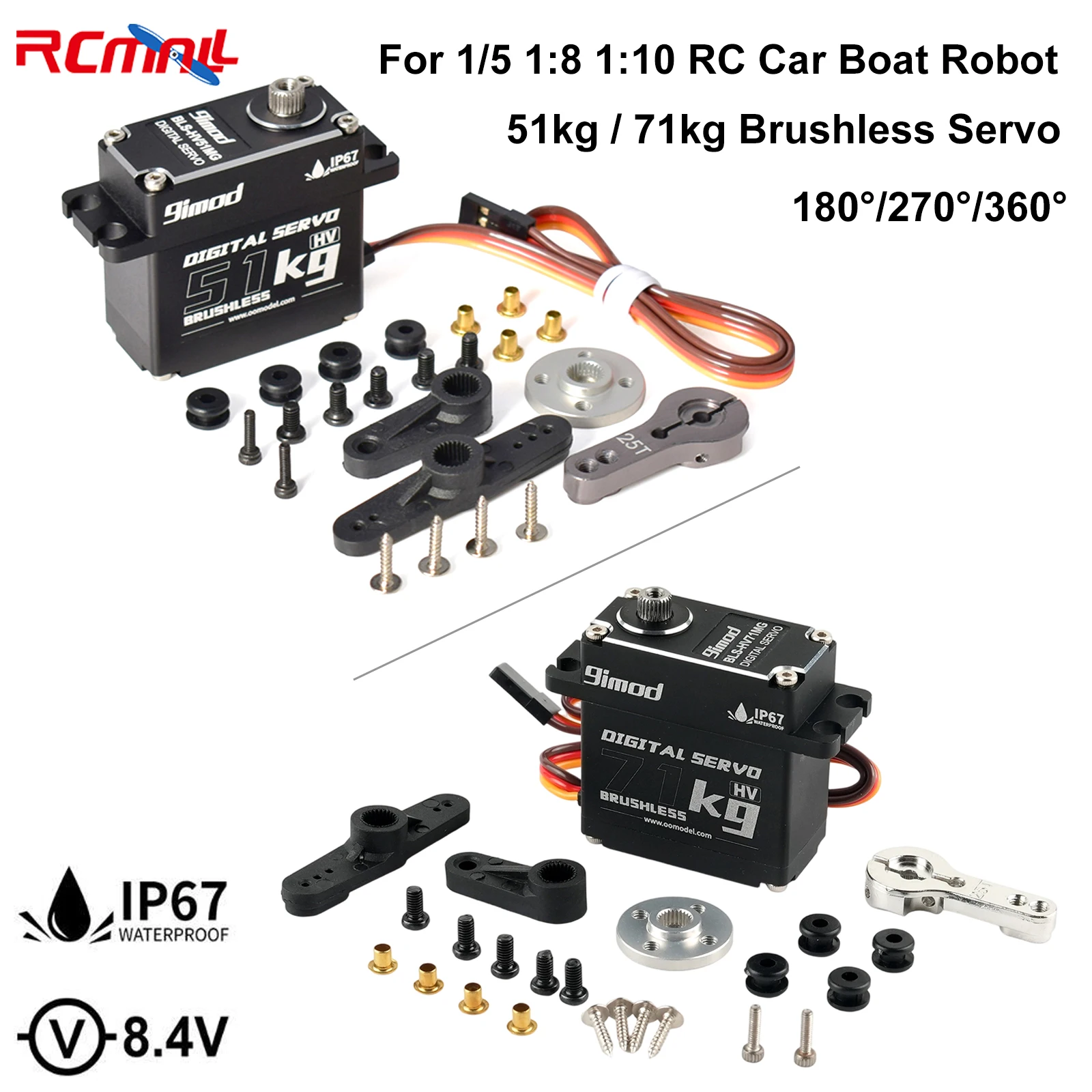 9imod 51kg 71kg Brushless Servo Metal Gear IP67 High Voltage Digital Servo for 1/5 1:8 1:10 RC Car Boat Robot 180°/270°/360°