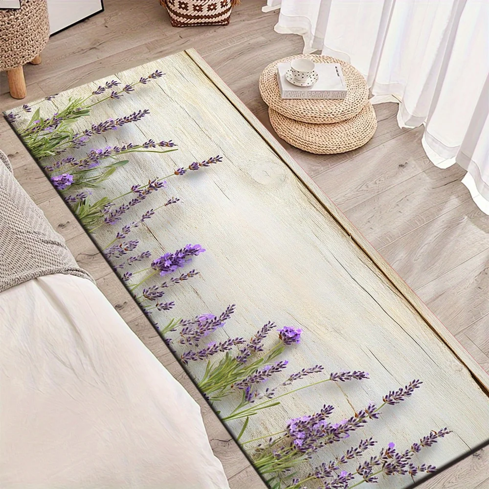 Vintage White Wood Board Lavender Floral Runner Rug, Non-Slip Washable Mat for Bedroom, Entryway, Hallway & Fresh Country Home