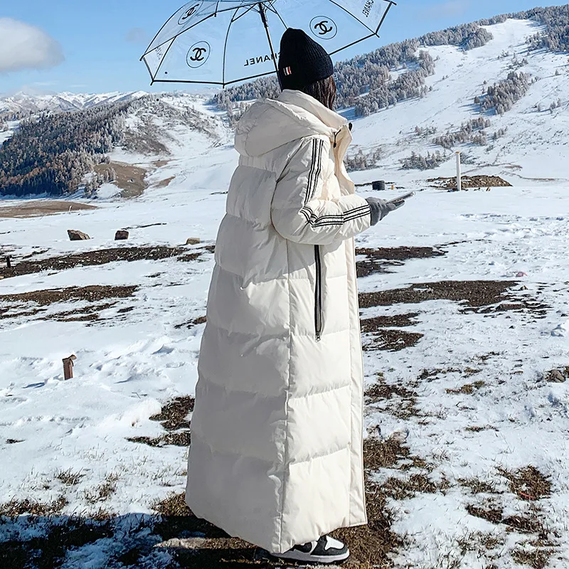 X-long-abrigo largo hasta el tobillo para mujer, Sudadera con capucha Extra cálida, cortavientos a rayas, ropa de nieve, capa suelta con capucha,