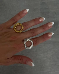 GHIDBK Vintage 18K Gold Plated Irregular Circle Melted Texture Detail Rings For Women Stainless Steel Waterproof Fashion Jewelry