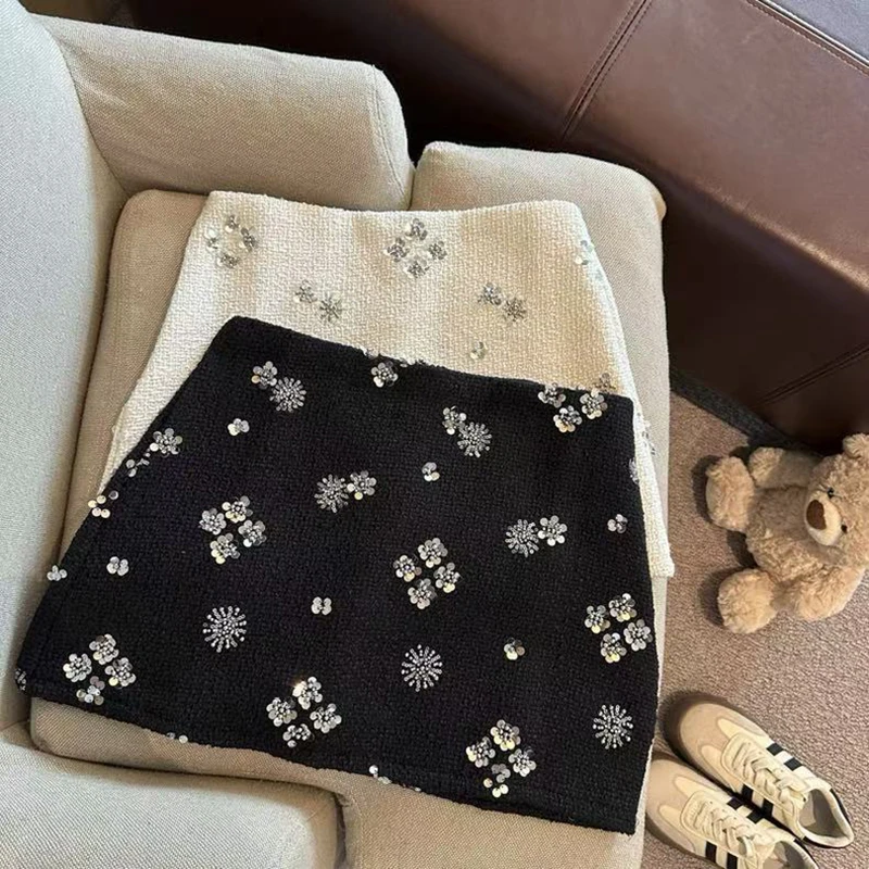 

Винтажная твидовая мини-юбка для женщин, весенняя юбка трапециевидной формы с высокой талией и блестками, Y2K, лоскутная универсальная смешанная юбка в стиле Харадзюку