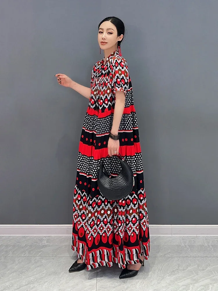 XITAO Vintage Print Female Dress Loose Fashion Contrast Color Stand Collar Short Sleeves Dress 2024 Summer New Women ZY8693
