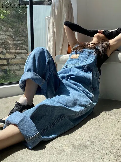 Damskie kombinezony jeansowe spodnie z wysokim stanem workowate ogrodniczki z rozszerzanymi nogawkami amerykańska ulica nastolatki hip-hopowe kolegium wszystkie mecze Vintage Cool