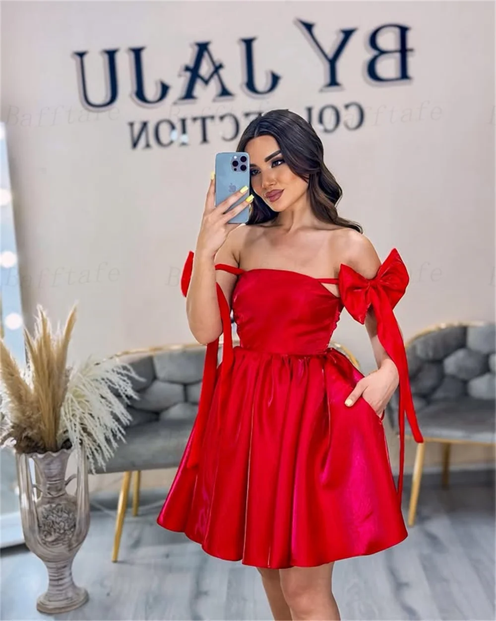 Bafftafe Red Satin A Line Prom Dresses Off Shoulder Bow Straps Wedding Photos Shoot Customized Princess Mini Party Gowns Pocket