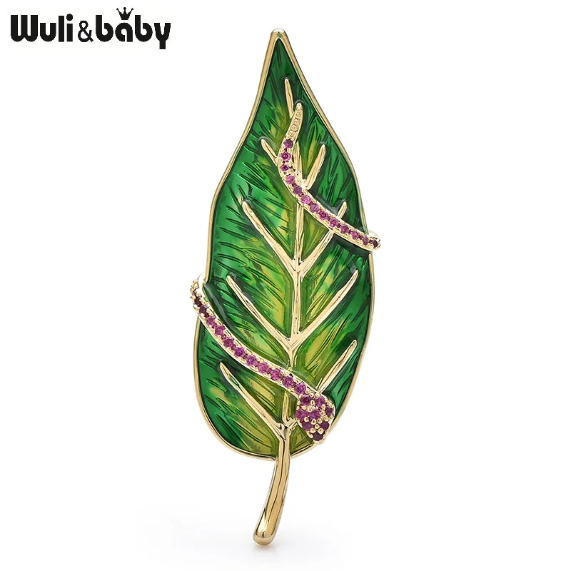 Wuli&baby New Born Snake And Leaf Brooches For Women Unisex Good Quality Designer Interesting  Animal Plants Party Brooch Pins