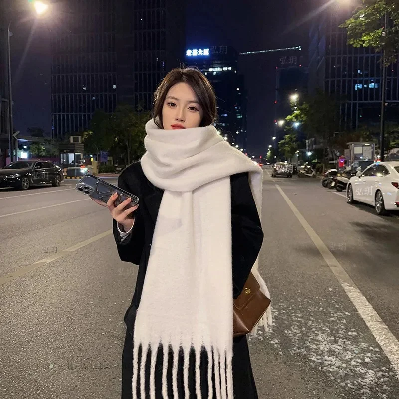 

Winter Solid Color Soft Shawl Women Luxury Autumn Winter Cashmere Scarf Thickened Warm Shawl Classic Tassels Fluffy Scarf