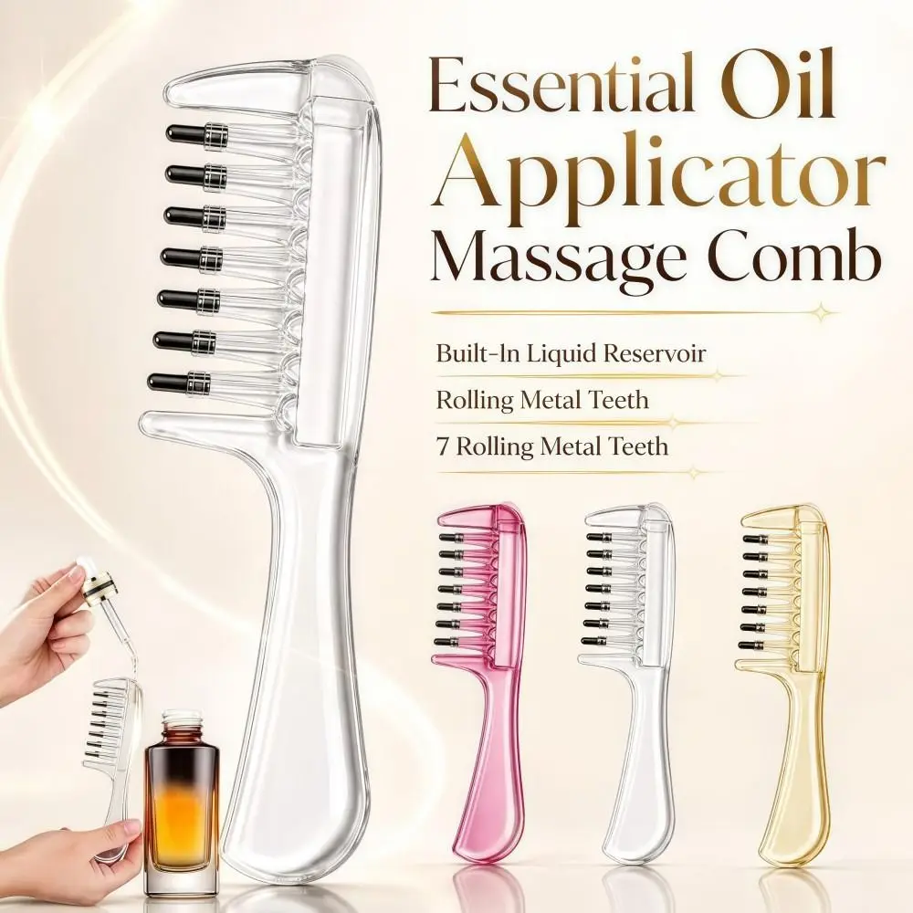 Transparent Essential Oil Applicator Massage Comb Rolling Metal Teeth Minoxidil Scalp Liquid Applicator Comb