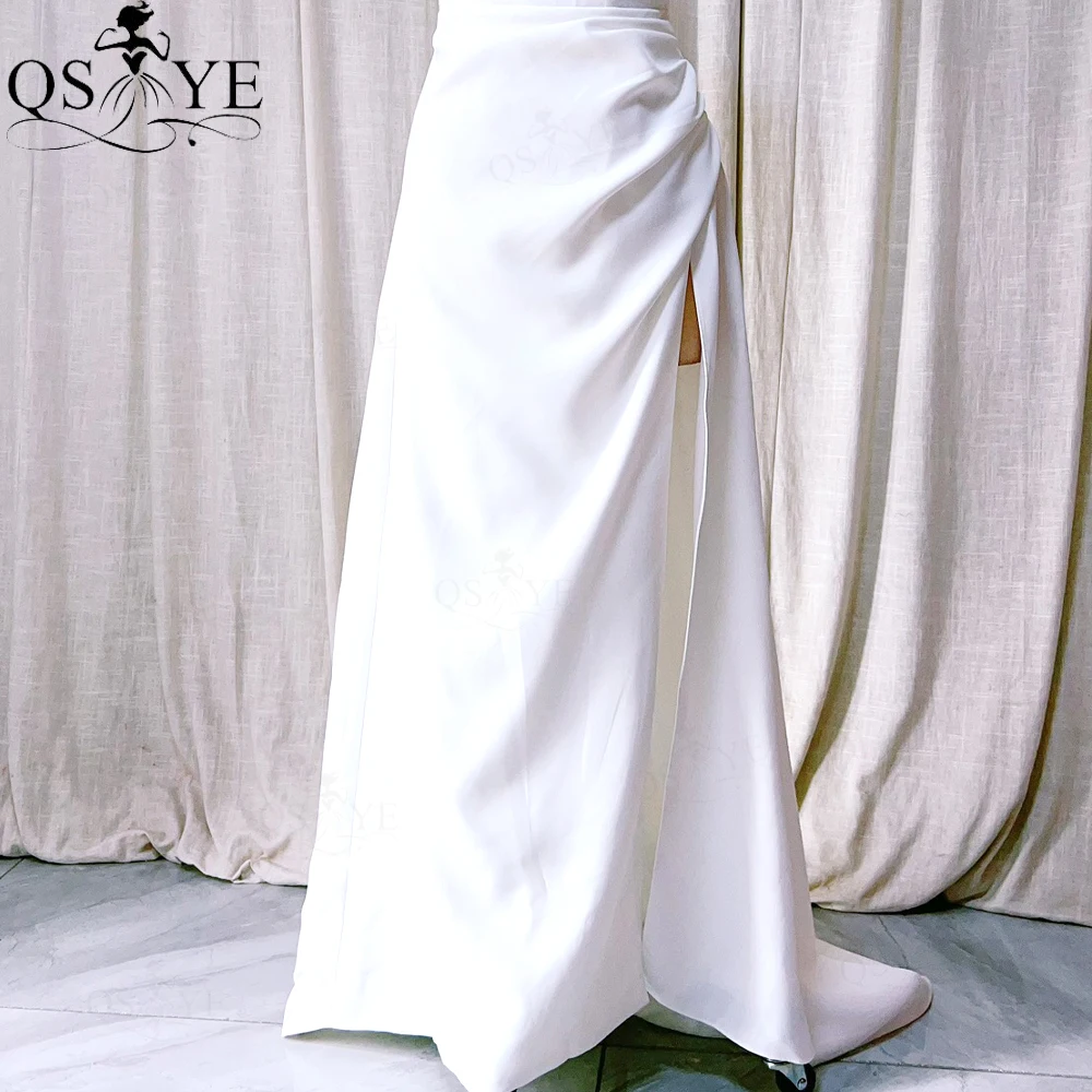 QSYYE White Satin Prom Dresses A line V neck Ruched Simple Evening Gown Empire Waist Princess White Party Gown