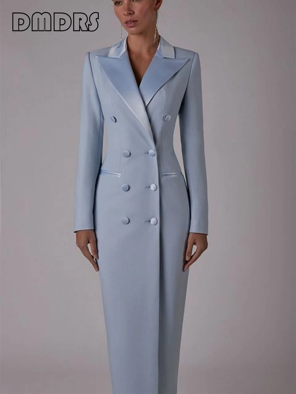 Notched Silky Satin Collar Women Tuxedo Dress Long Suit Coat Sheath Long Sleeves Blazer Double Breasted Women's Suits