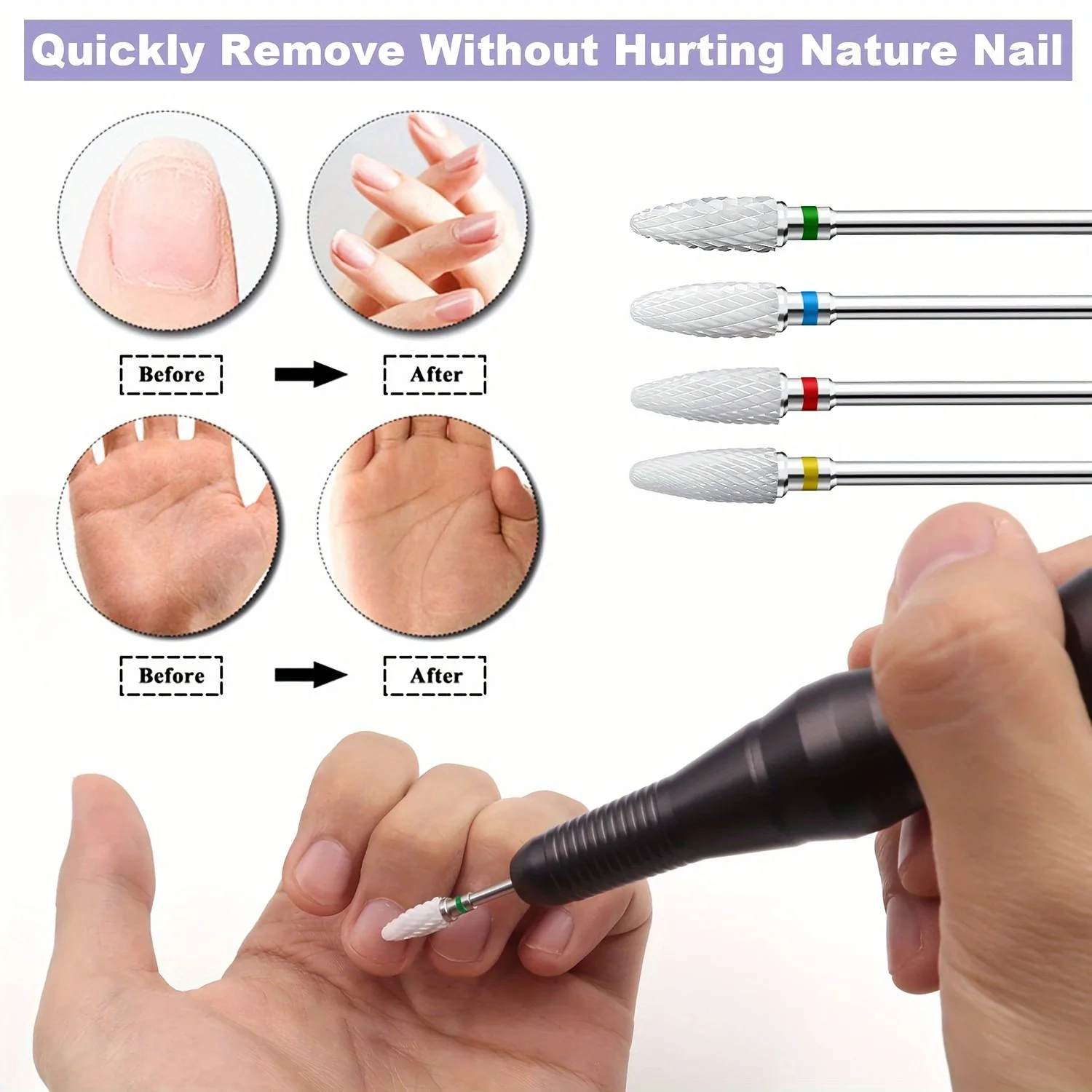 3/32'' Kit-4 Ceramic Nail Drill Bits Set，Smooth Rotation, Low Vibration Electric Nail File Attachment Kit for Manicure Pedicure