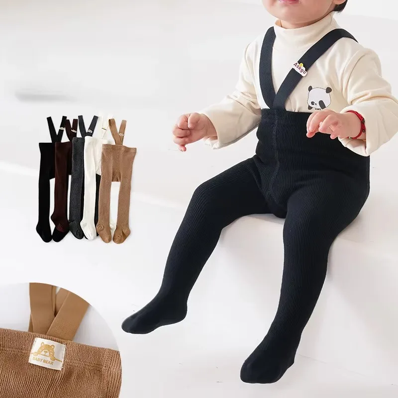 Baby Suspender Tights 0-24M Newborn Infant Knit Cotton Solid High Waist Overall Leggings Boys Girls Autumn Winter