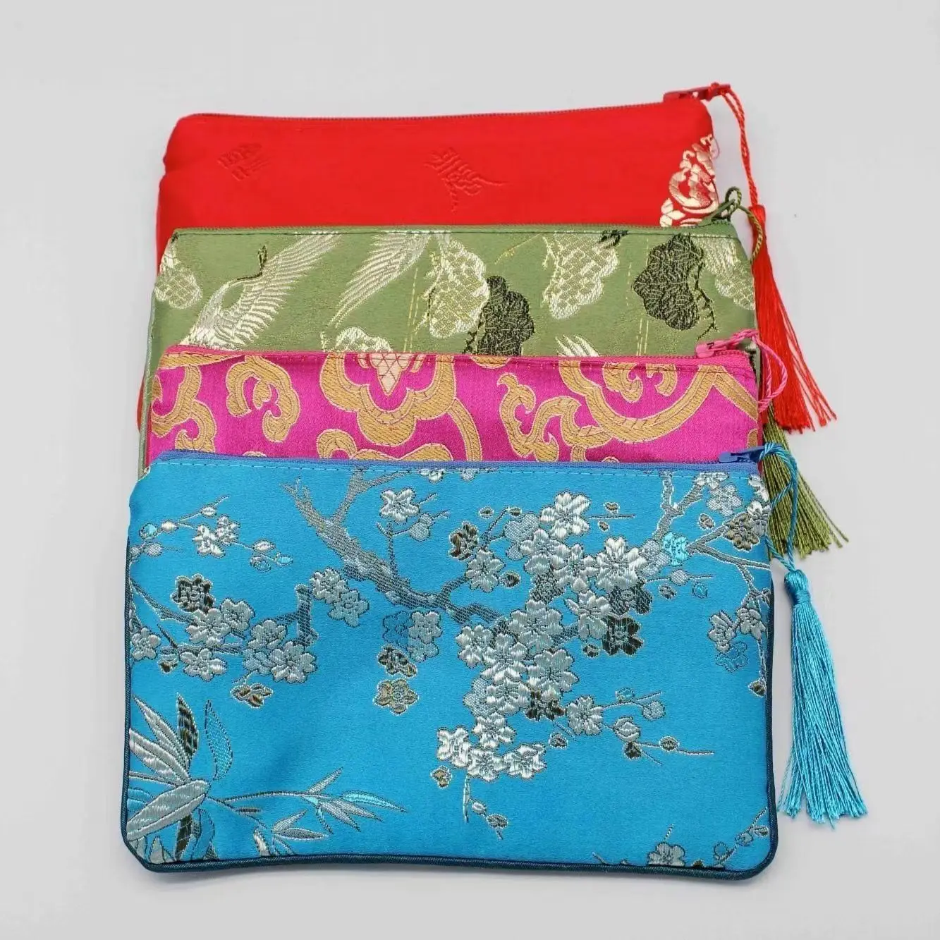 10pcs Custom Two Zipper Purse Silk Brocade Jewelry Packaging Pouch Bags Travel Women Cosmetic Makeup Storage Bag Phone Purses