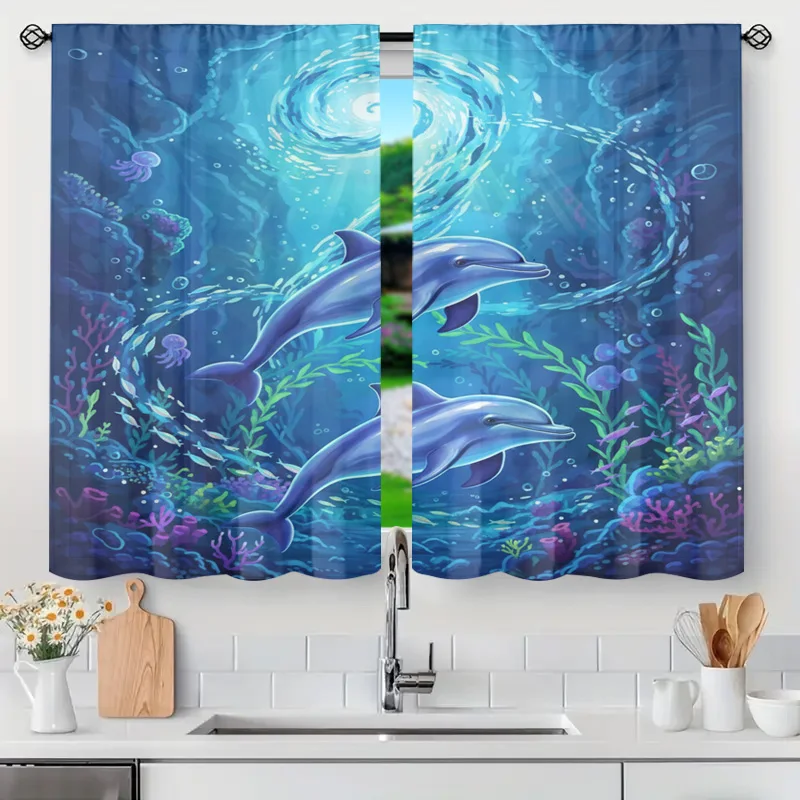 Decorative Ocean Dolphin Curtains Tropical Deep Sea Window Drapes Light Filtering sheer Panels for Aquarium Bathroom Home Decor
