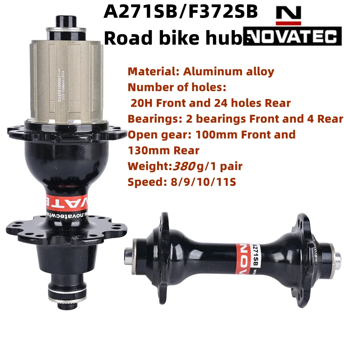 Novatec Joy Rennrad-Naben A271SB/F372SB Vorder- und Hinterachse mit zwei bzw. vier Lagern, V-Bremse, 20/24 Loch, 380g Paar, Dual-Loch-Design – Detail 13