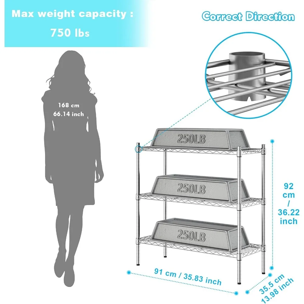 Auslar 3-Shelf Storage Wire Shelves Heavy Duty 3 Tiers Standing Shelving Units Adjustable Metal Organizer Wire Rack, Chrome