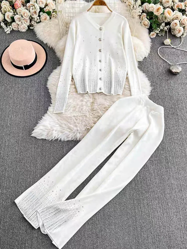 Casual Diamond Studded Single Breasted Knitted Cardigan+Wide Leg Pants Two-Piece Set 2024 New Fashionable Women'S Clothing