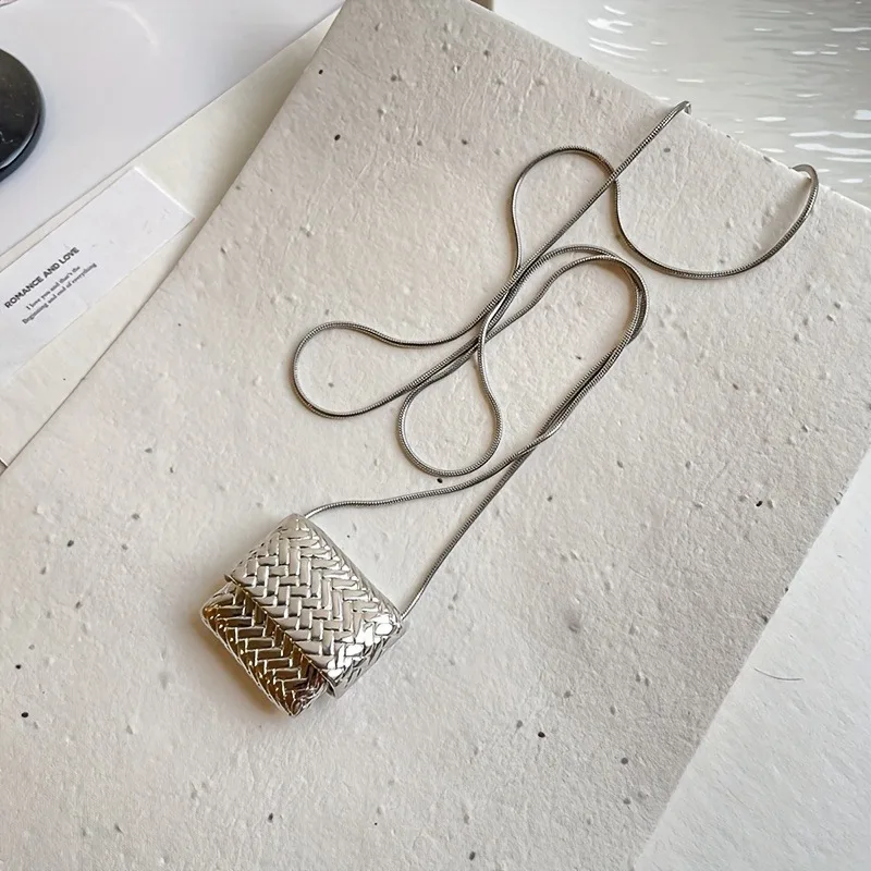 High-end Square Woven Bag Pendant Long Necklace Women Niche Personality Unique Fashion Versatile Fashion Sweater Chain Gifts