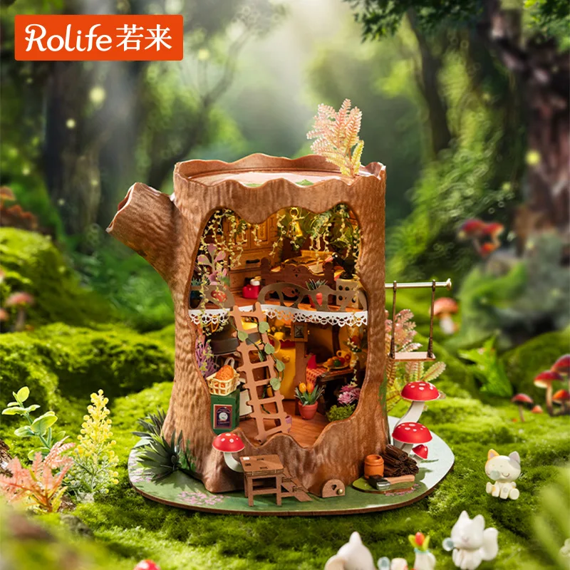 R29 DIY fairy tale tree house handmade assembled model hut wooden toy three-dimensional wooden building block female