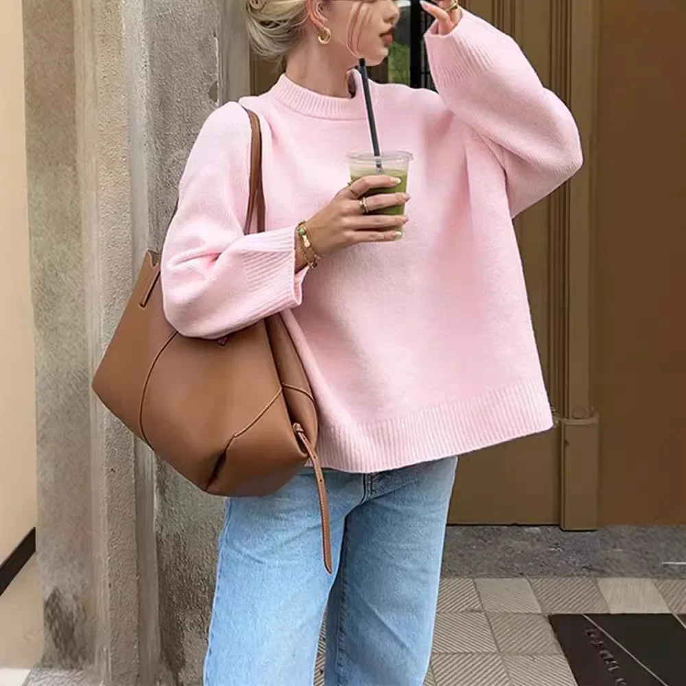 Women's Pink Sweet Round Neck Pullover Sweater for Autumn/winter 2024