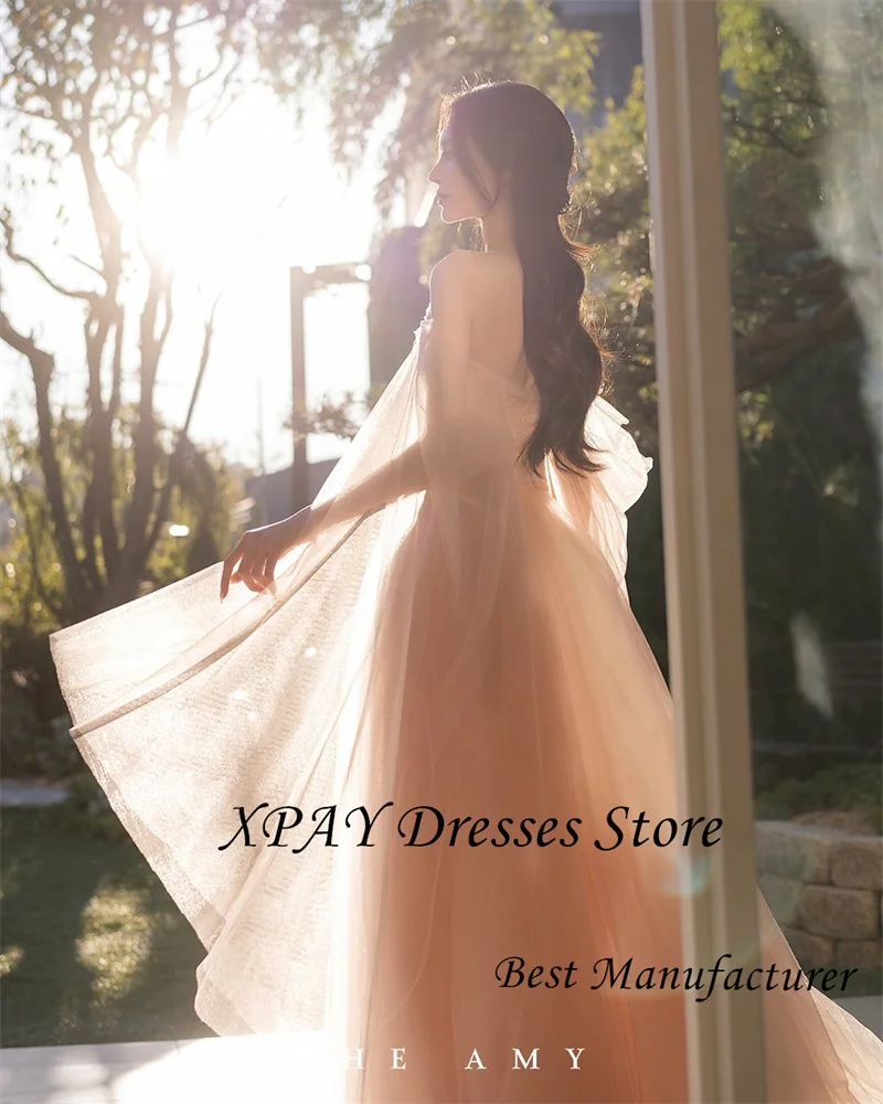 Xpay fada pálido tule rosa vestidos de noite coreia casamento sessão de fotos contas brilhantes plissados vestidos de baile festa formal personalizado