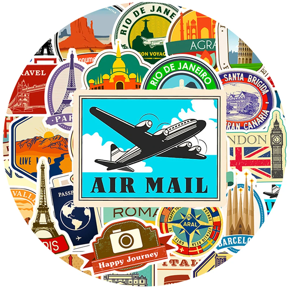 10/30/50 Uds. Pegatinas Vintage de Viajes por el Mundo, Calcomanías de Dibujos Animados de Paisajes de Ciudades Famosas, Decoración para Maletas, Fundas de Teléfono y Cuadernos
