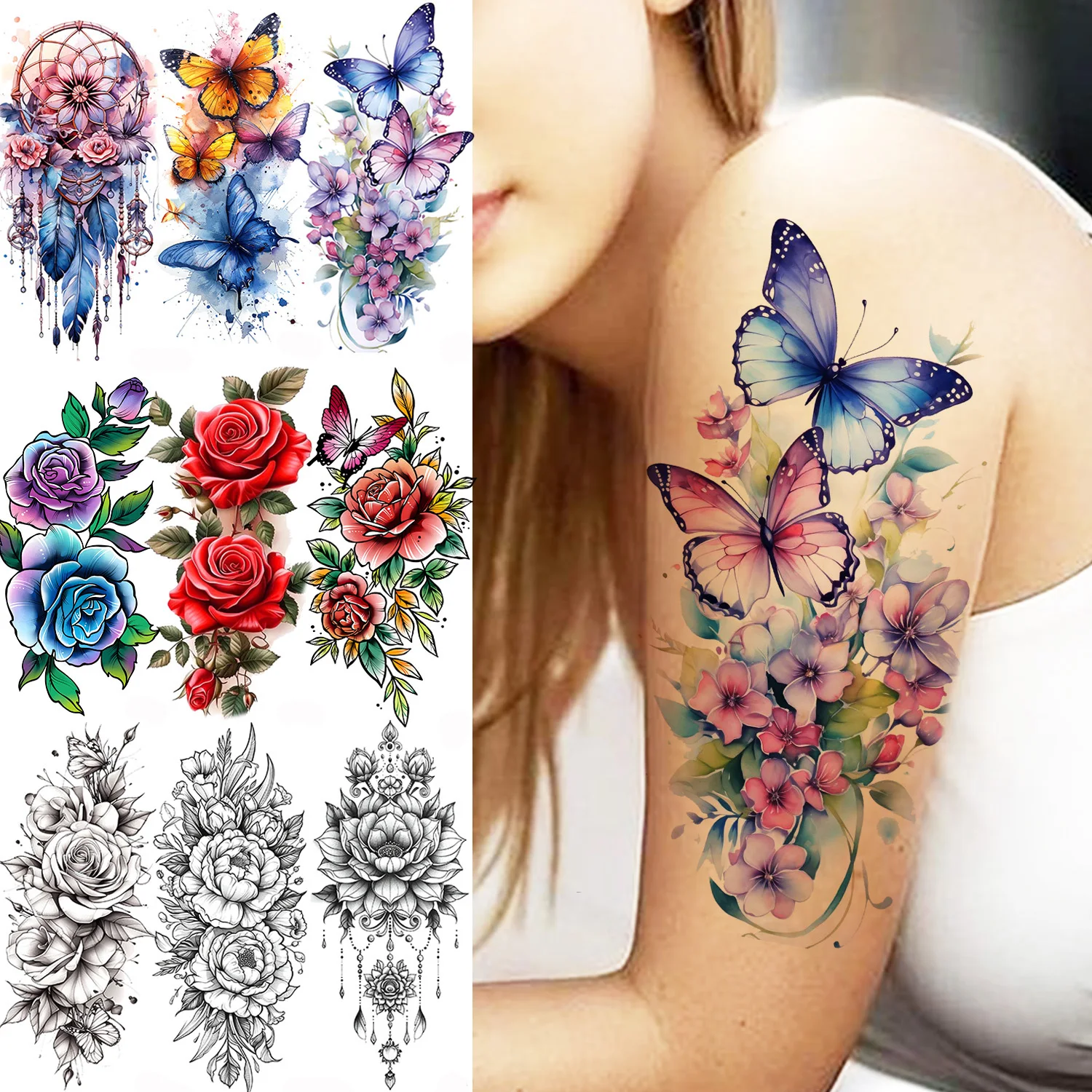 

1 Sheet Realistic Flying Butterfly Flowers Temporary Tattoos For Women Girls Tatoos Body Art Waterproof Fake Temp Tattoo Sticker