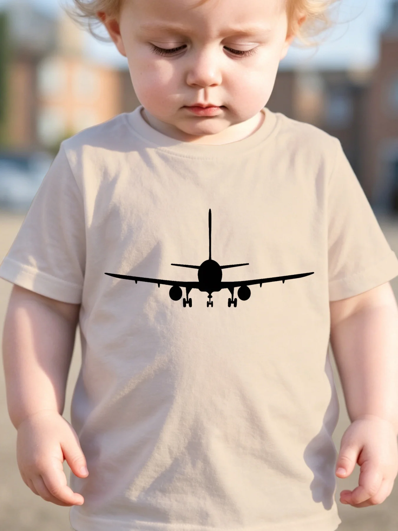 Toddler Boys Aviation‑Theme Airplane Silhouette 2D‑Print T‑Shirt, Breathable Casual Summer Crew‑Neck Top