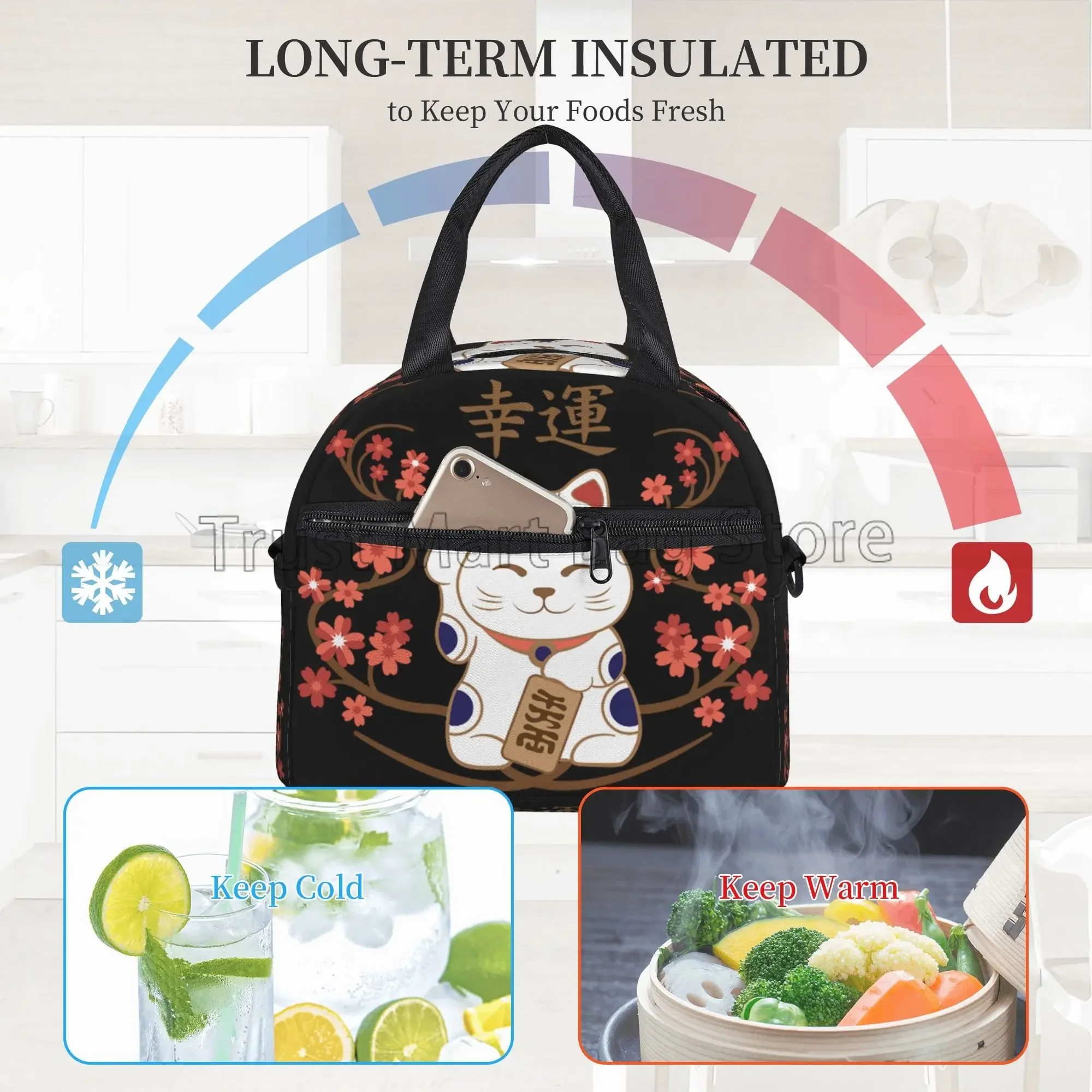 Japanese Lucky Cat Lunch Bag for Women Teens Girls Reusable Insulated Lunch Box with Shoulder Strap Waterproof Durable Tote Bag