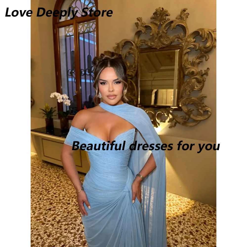 

Blue Chiffon Long Evening Dresses Scarf One Shoulder Sweetheart Prom Gonws Pleated Formal Mermaid Dubai Patty Dress Customized