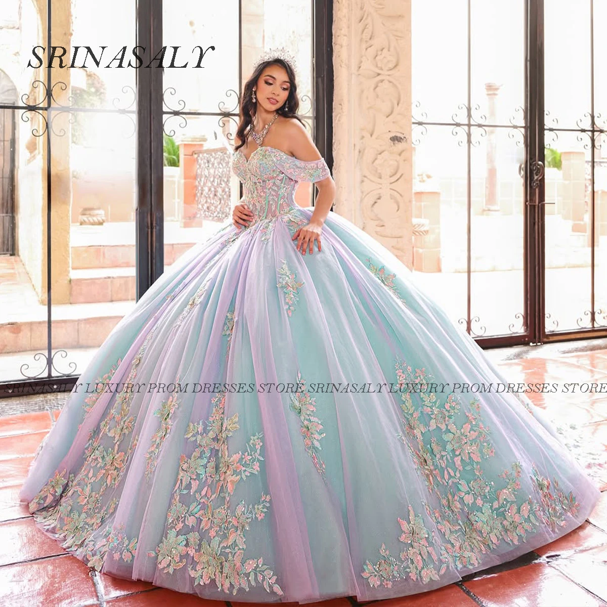 

Customized 3D Flowers Quinceanera Dress Ball Gown Mexican Applique Beaded Cape Corset Sweet 16 Of Shoulder Vestidos De 15 Años