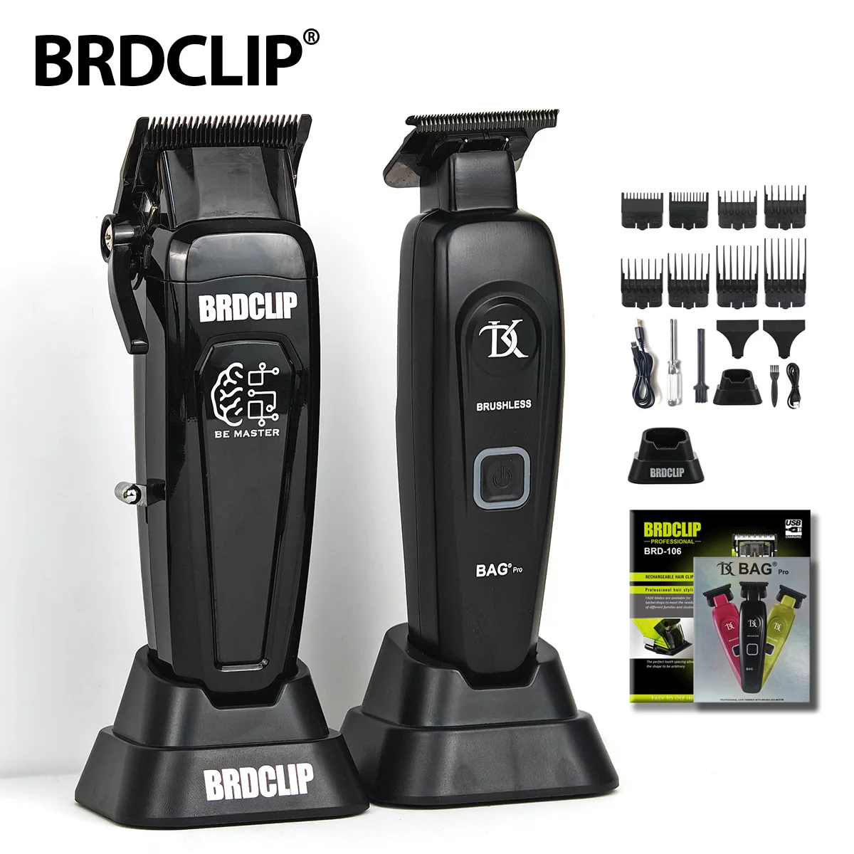 BRDCLIP 10W Powerful 2pcs Oil Head Electric Cordless Hair Clipper 7500RPM Hair Salon Trimmer DLC Blade Men's Barber Machine Set