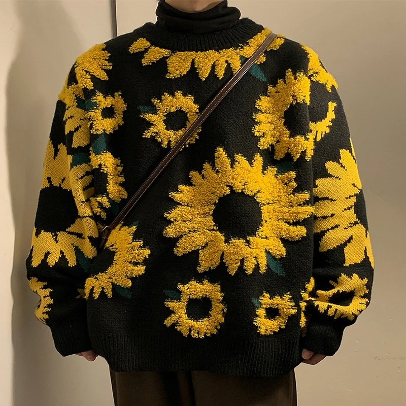 2022 Winter New Style Versatile Sunflower  Warm Round Neck Pullover Jacquard Sweater Couple Long Sleeve Knitwear