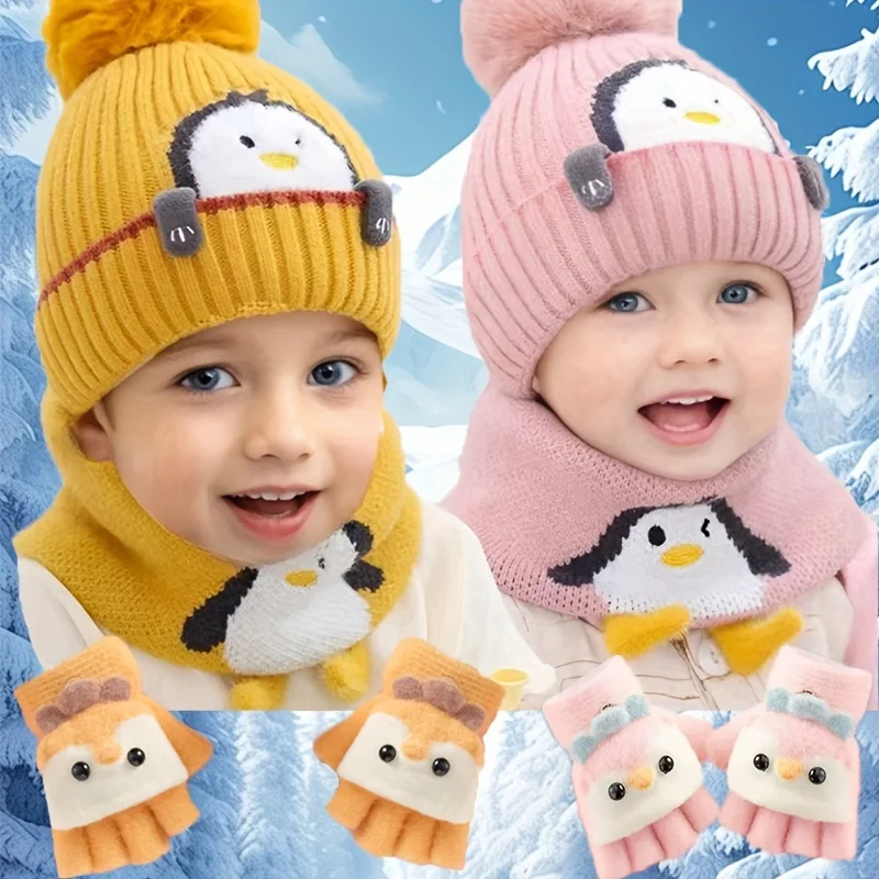 

3-Piece Set, Cartoon Penguin Knit Winter Hat, Scarf, and Gloves for Infants, Warm Thickened Windproof Hat for Boys and Girls